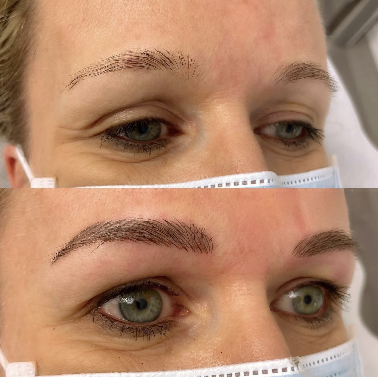 Microblading Augenbrauen vor und direkt nach der Behandlung